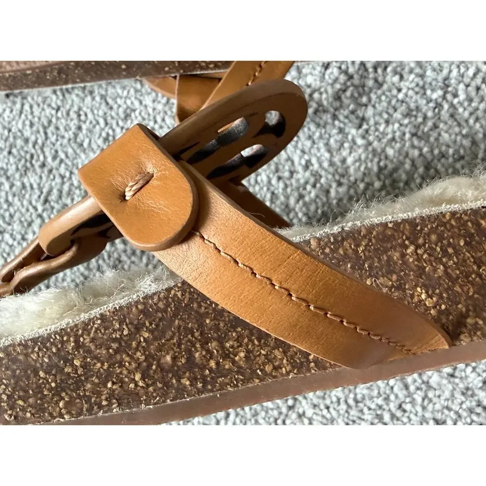 Tory Burch Miller Cloud Sandal Shearling Thong Caramel Logo Slip On Womens 10.5